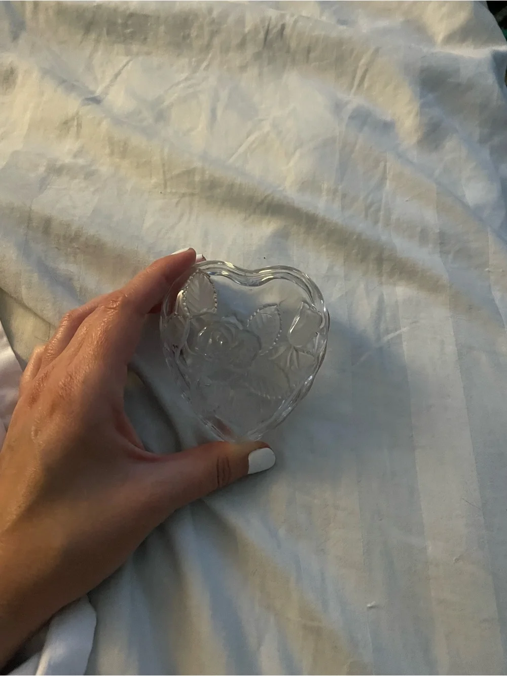 Vintage 90s Clear Glass Heart Trinket Dish with Rose Motif